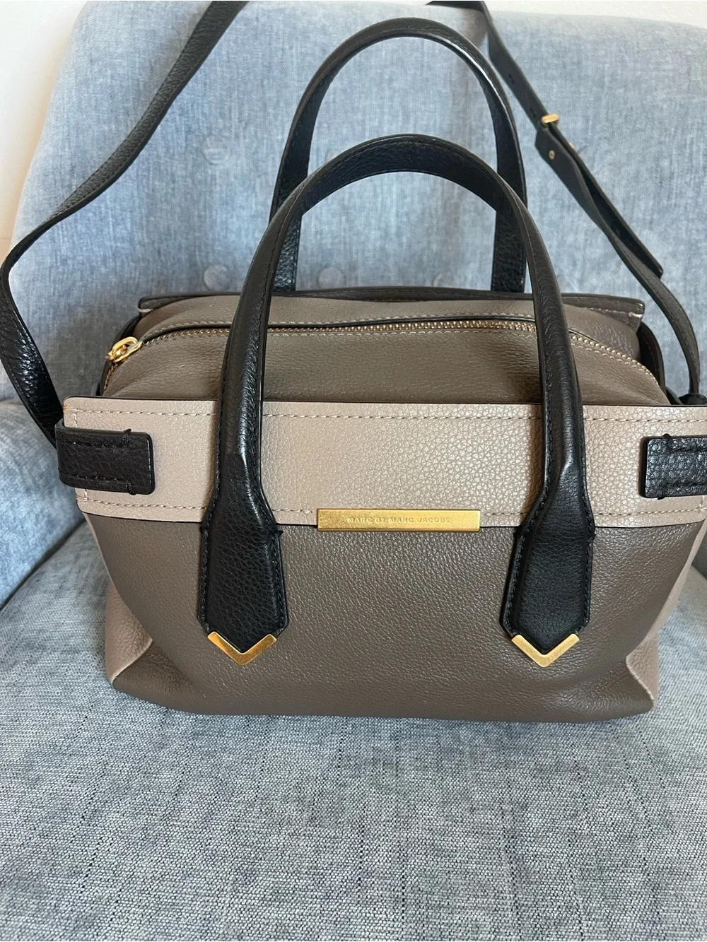 Marc Jacobs Taupe and Black Pebbled Leather Satchel with Gold Accents